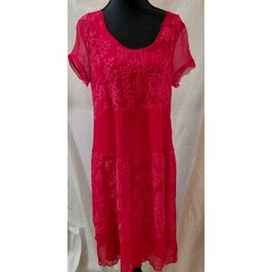 Soft Surroundings Sheer Midi Dress Womens Size Small Red Floral Embroidered